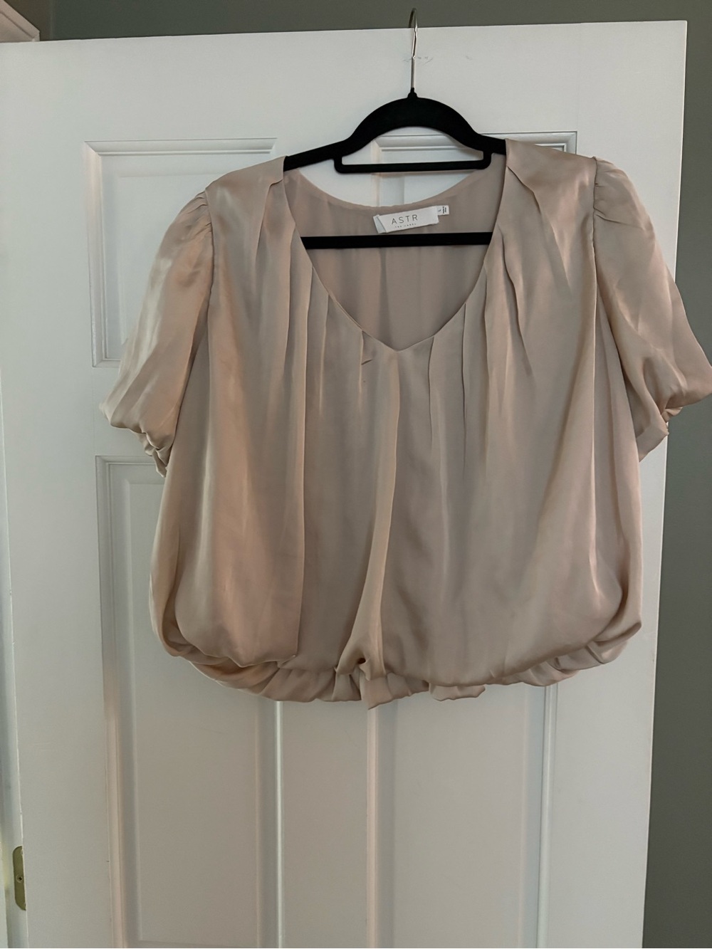 Astr Blouson V-Neck Satin Top in Champagne Beige